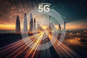 Modern creative telecommunication and internet network connect in smart city. Concept of 5G. AI Generation