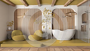 Modern creative yellow and wooden bathroom, open space with parquet and concrete floor. Roof beams, shower, free standing bathtub