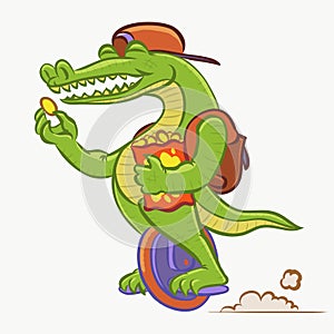 Modern crocodile rides monowheel and eats snacks