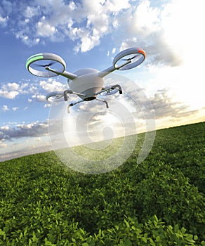 Modern crop spraying with drones 3d render