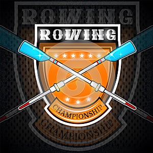 Modern cross oars for rowing in center of shield isolated on white. Sport logo for any team