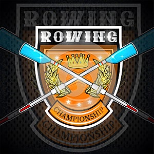 Modern cross oars for rowing with crown between golden wreath in center of shield. Sport logo for any team or championship isolate