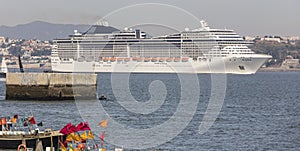 Modern cruise ship in front of lisbon portugal