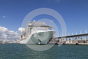Modern cruise ship in Port Vell Barcelona, Spain