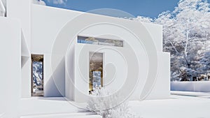 Modern cubic house with frozen landscape