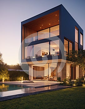 Modern Cubist House at Twilight