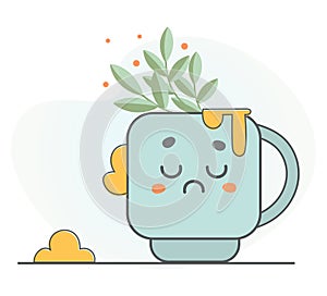 Modern cup of tea or coffee. Vector kawaii bright colorful cute cup characters with emotions. Mug with tea, coffee