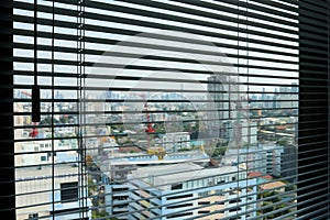 Modern curtains and city scene background.