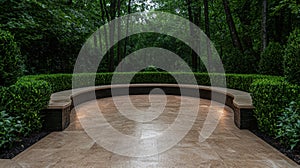Modern curved bench in a tranquil garden setting
