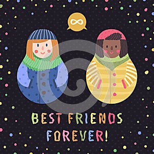 Modern cute and funny cartoon matryoshkas (red hair and african american). Best friends forever card and background.