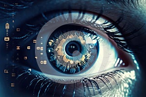 Modern Cyber Technolgy Digital Eye extreme closeup. Generative AI