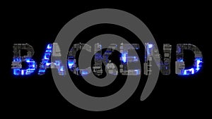 Modern cybernetic text BACKEND shining blue electrical light, isolated - object 3D illustration