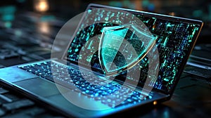 Modern Cybersecurity Laptop on Futuristic Surface with Network Elements