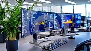 modern cybersecurity operations center featuring multiple monitors displaying data analytics and coding. workspace is