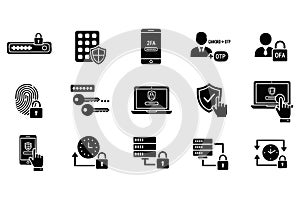 Modern cybersecurity and twofactor authentication icons collection featuring biometrics keys and secure login elements