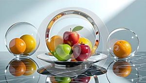 Modern 3D Fruit Display with Apples and Oranges in Glass Sphere Holders