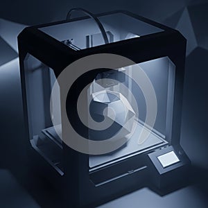 Modern 3D printer producing geometric object in a dark room