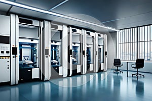 Modern 3D Printing Facility With Multiple Machines Creating Complex Objects From Various Materials. Generative AI