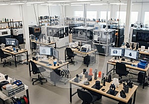 Modern 3D printing lab featuring multiple 3D printers and workstations. Each desk is equipped with