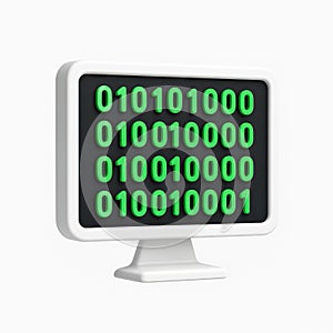 Modern 3d render of computer monitor displaying binary code data processing information technology concept