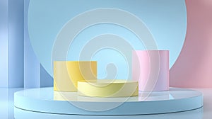 Modern 3D Rendering With Round Abstract Backdrop And Geometric Vector Shapes For Showcase Stage