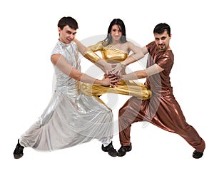 Modern dancer team dancing, isolated on white in full length.