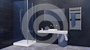 Modern dark bathroom interior with glass shower 3D