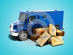 Modern dark blue armored truck for carrying money in bags 3d render on blue background with shadow