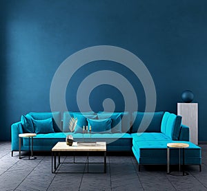 Modern dark blue living room interior with azure color couch,wall mock up photo
