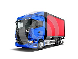 Modern dark blue truck with red trailer for transportation of go