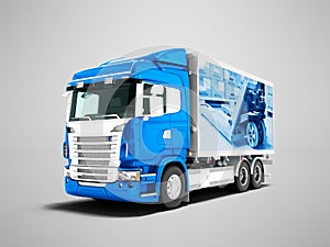Modern dark blue truck with trailer with white insets for carrying larger load in a trailer 3D render on gray background with
