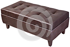 Modern, dark brown, button tufted leatherette bench ottoman upholstered, isolated.