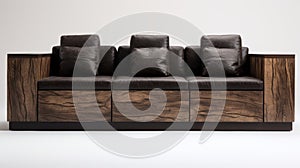 Modern Dark Brown Leather Sofa With Wood Accents photo