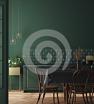 Modern dark deep green kitchen interior, wall mock up