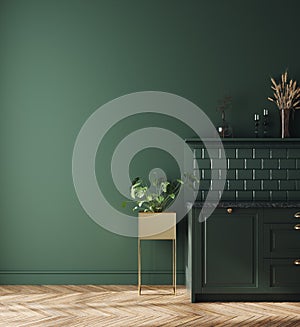 Modern dark deep green kitchen interior, wall mock up