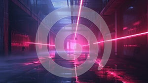 Modern dark garage with red laser light, abstract industrial background. Theme of warehouse, factory, room interior, industry