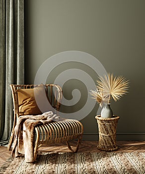 Modern dark green home interior with rattan furniture and dry palm leaves in vase