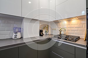Modern dark grey small kitchen interior
