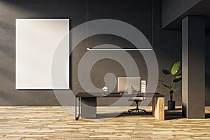 Modern dark home office interior with empty white mock up banner, furniture, wooden flooring and equipment, decorative plant. 3D
