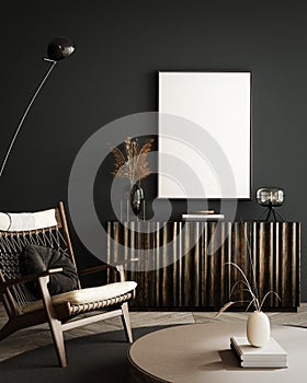 Modern dark interior with wooden armchair and empty white mockup picture frame