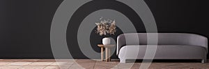 Modern dark living room design, beige minimal sofa on empty black wall mock up
