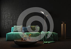 Modern dark living room interior with green couch,pillows,lamp on black grunge wall background