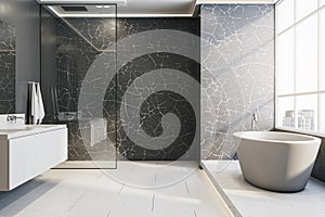 Modern dark marble bathroom interior. Hotel and interior designs concept.