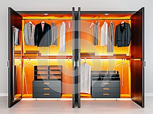 Modern dark orange wooden and metal wardrobe with men clothes hanging on rail in walk in closet design interior