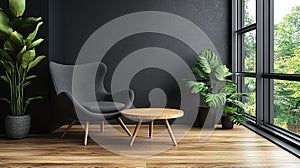 Modern dark room corner with armchair, side table, plants, and window view