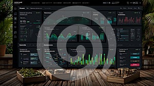 A modern dark theme business intelligence dashboard displaying data analytics