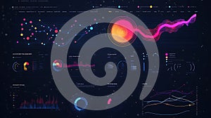 Modern dark user interface dashboard with charts data analysis visualization and colorful graph elements for business report and