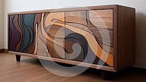 Modern Dark Wood Escabel With Fluid Lines And Curves