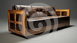 Modern Dark Wood And Leather Sofa With Vray Tracing And Retro-style Design