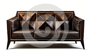 Modern Dark Wood Sofa With Geometric Symmetry And Black Leather